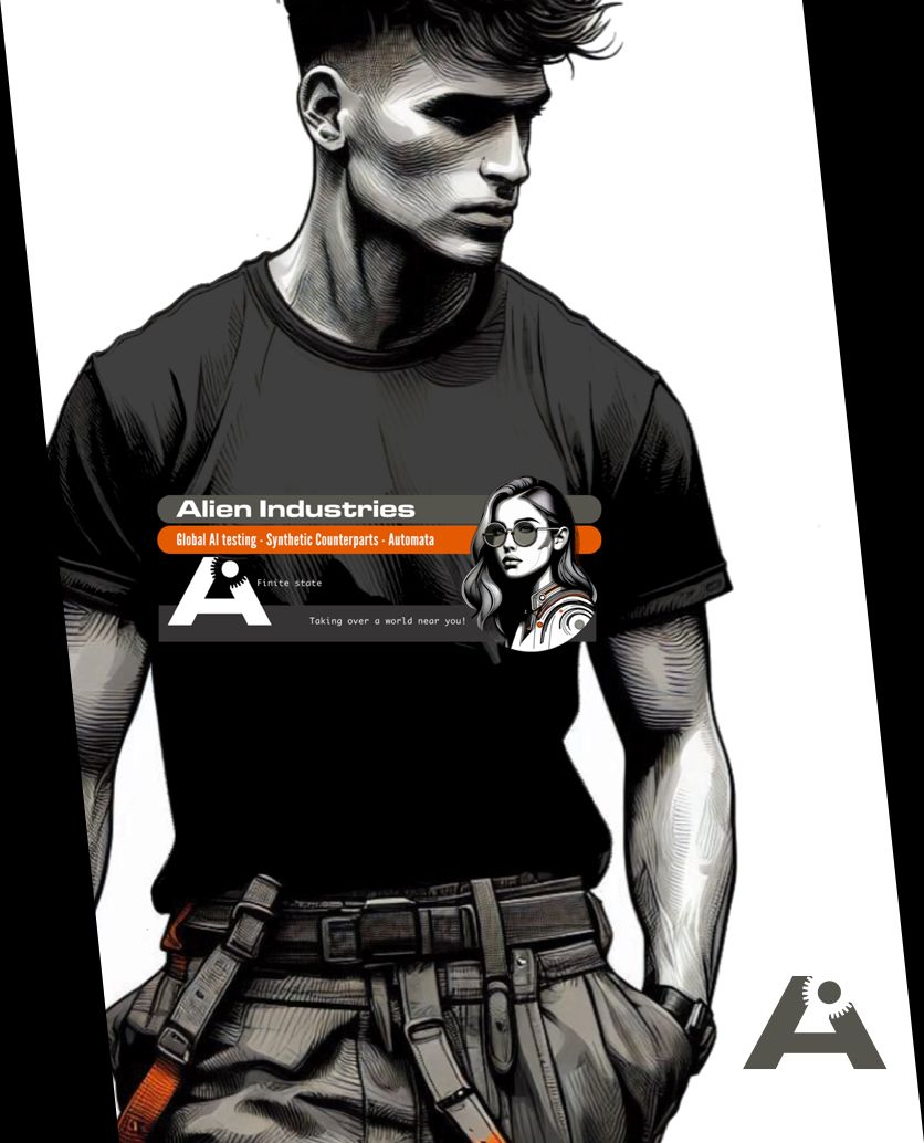 AI Alien Industries a03 - Space Age artificial intelligence, designed to perform super slick t-shirt design without human intervention. AI t-shirts are already here.